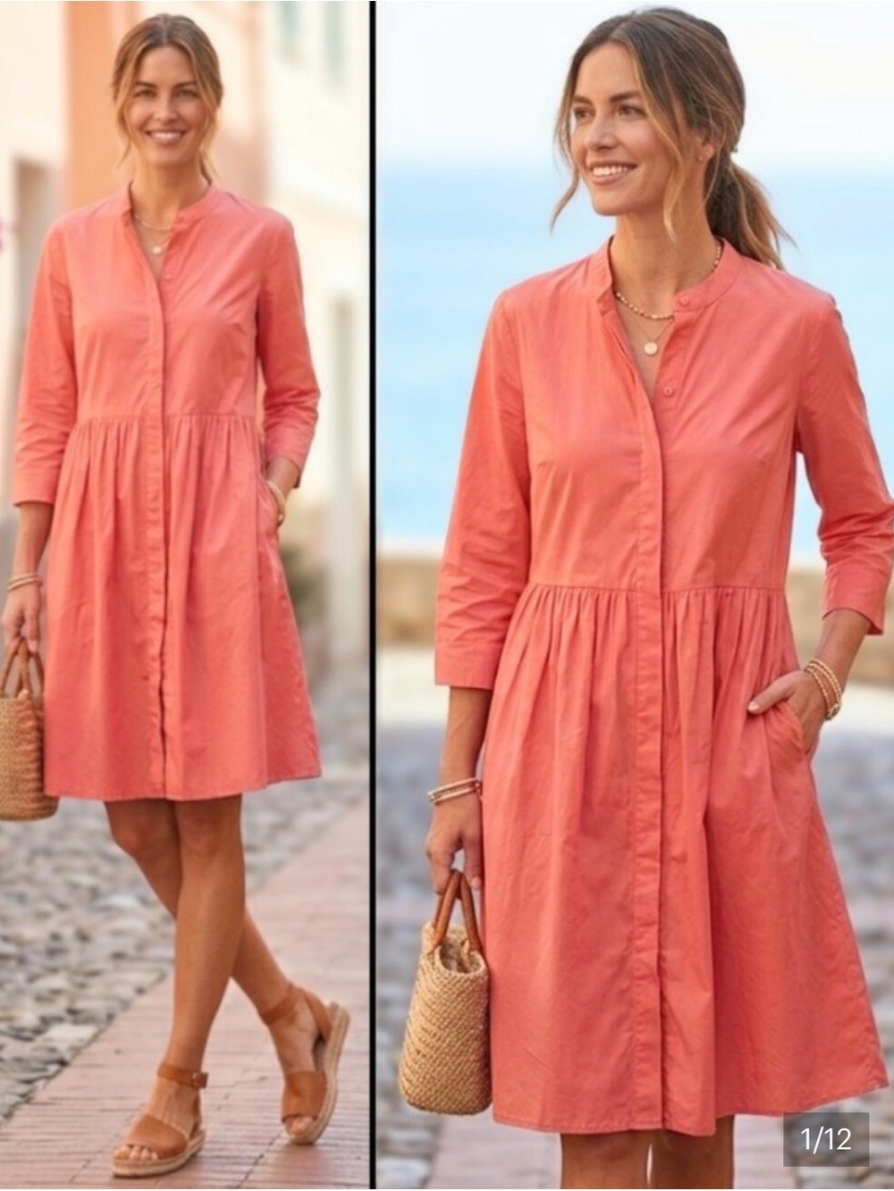 Tuckernuck Women's Coral  Royal Shirt Dress Mini Mandarin Collar 100% Cotton